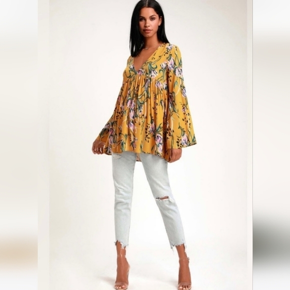 Free People OB815445 Bella Golden Yellow Floral Tunic / Mini Dress Size Small - Picture 6 of 16